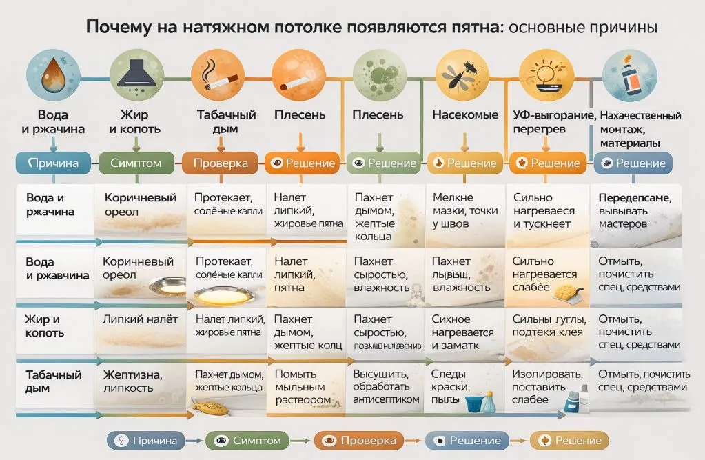 Почему на натяжном потолке появляются желтые пятна